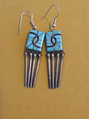 Vintage Turquoise Inlay Sterling Silver Earrings- CC Hallmark Zuni Pueblo Design